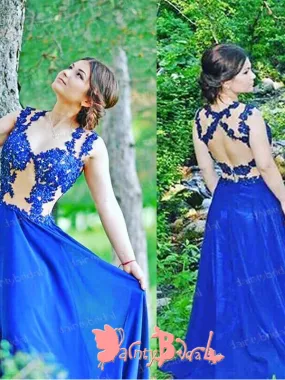 Charming Royal Blue Lace Sexy Open Back Sleeveless V-neck  Long  A-line Prom Gown Dresses. DB1037