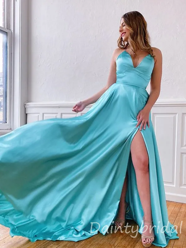 Charming V-neck A-line Open Back Long Prom Dresses Evening Dresses.DB10365