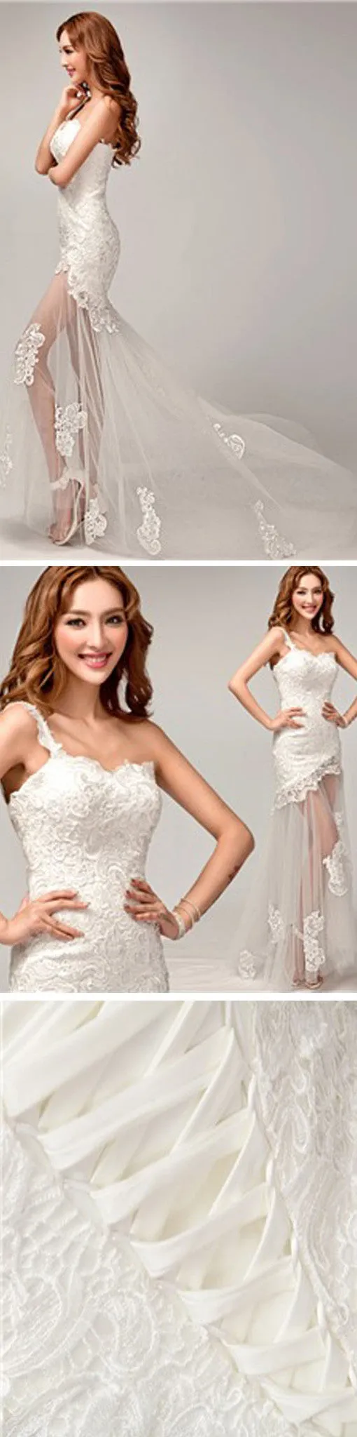 Chic Design One Shoulder Lace Top See Through Sexy Mermaid Lace Up Wedding Dresses, WD0143