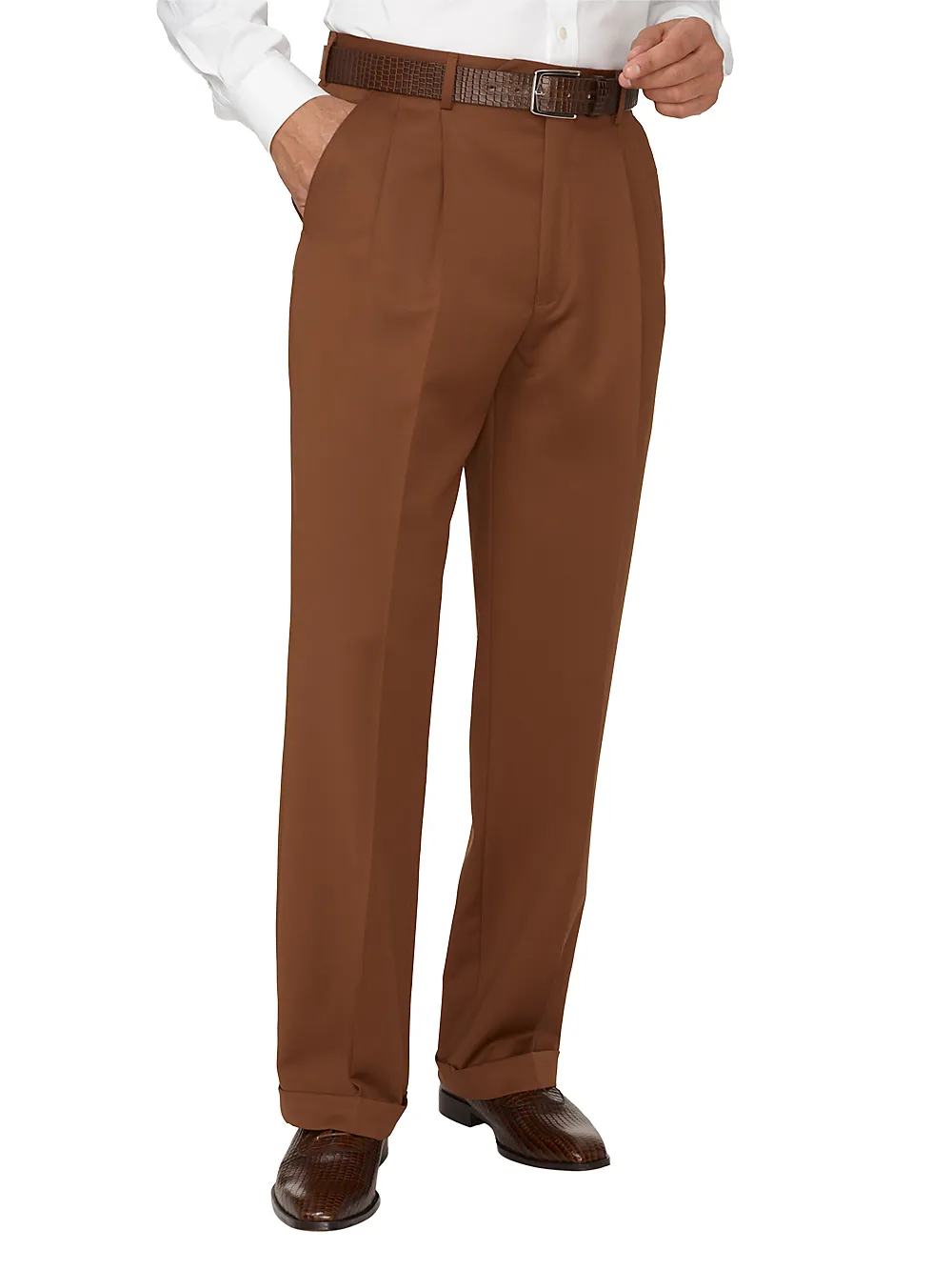 Classic Fit Wool Gabardine Pleated Pants - Rust