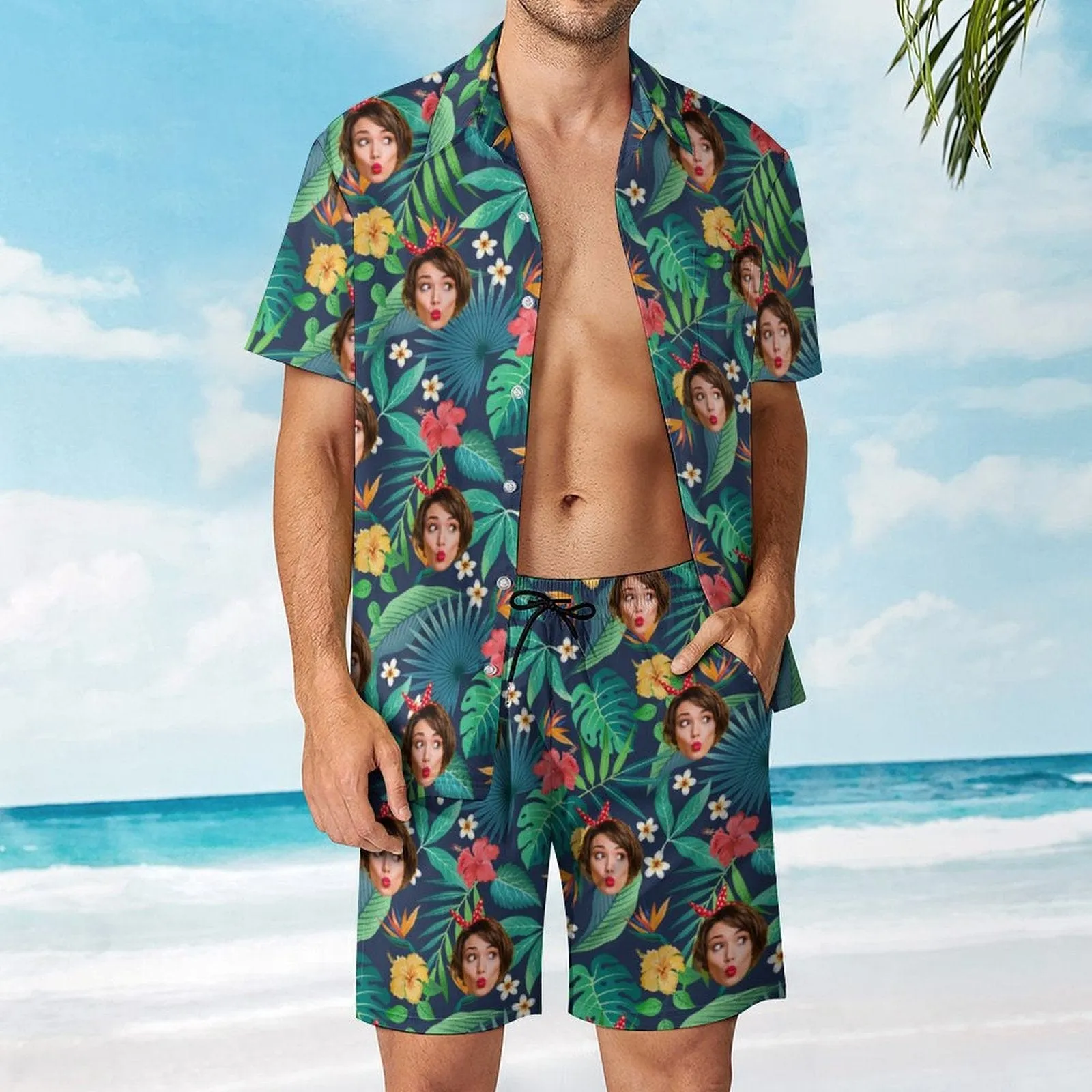 Custom Face on Hawaiian Set Tropical Leaves Style Beach Holiday Hawaiian Shirt & Summer Shorts Set