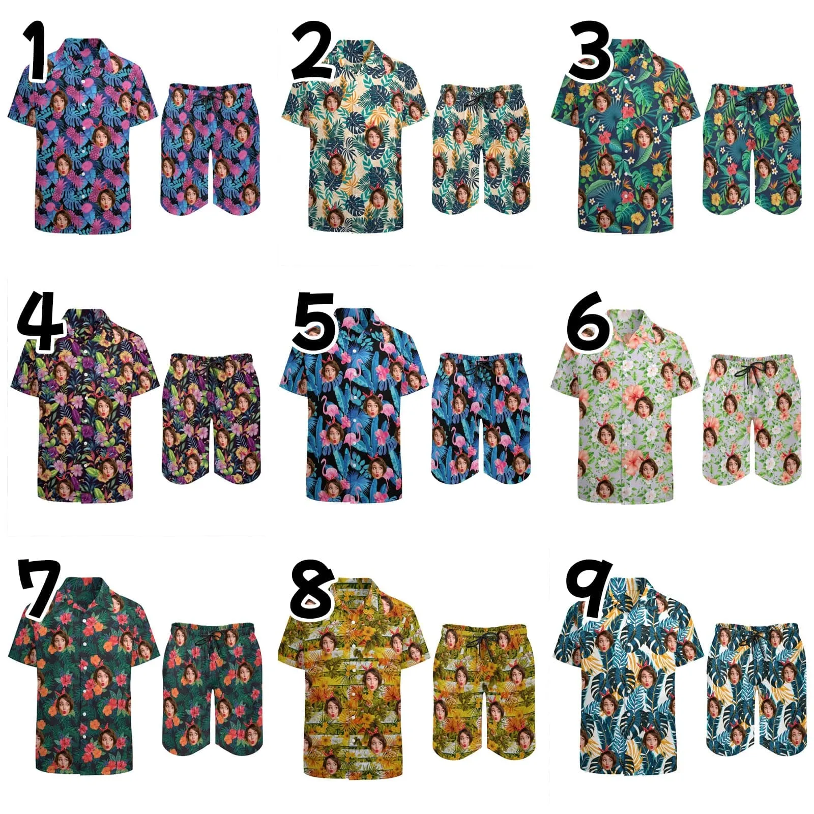 Custom Face on Hawaiian Set Tropical Leaves Style Beach Holiday Hawaiian Shirt & Summer Shorts Set