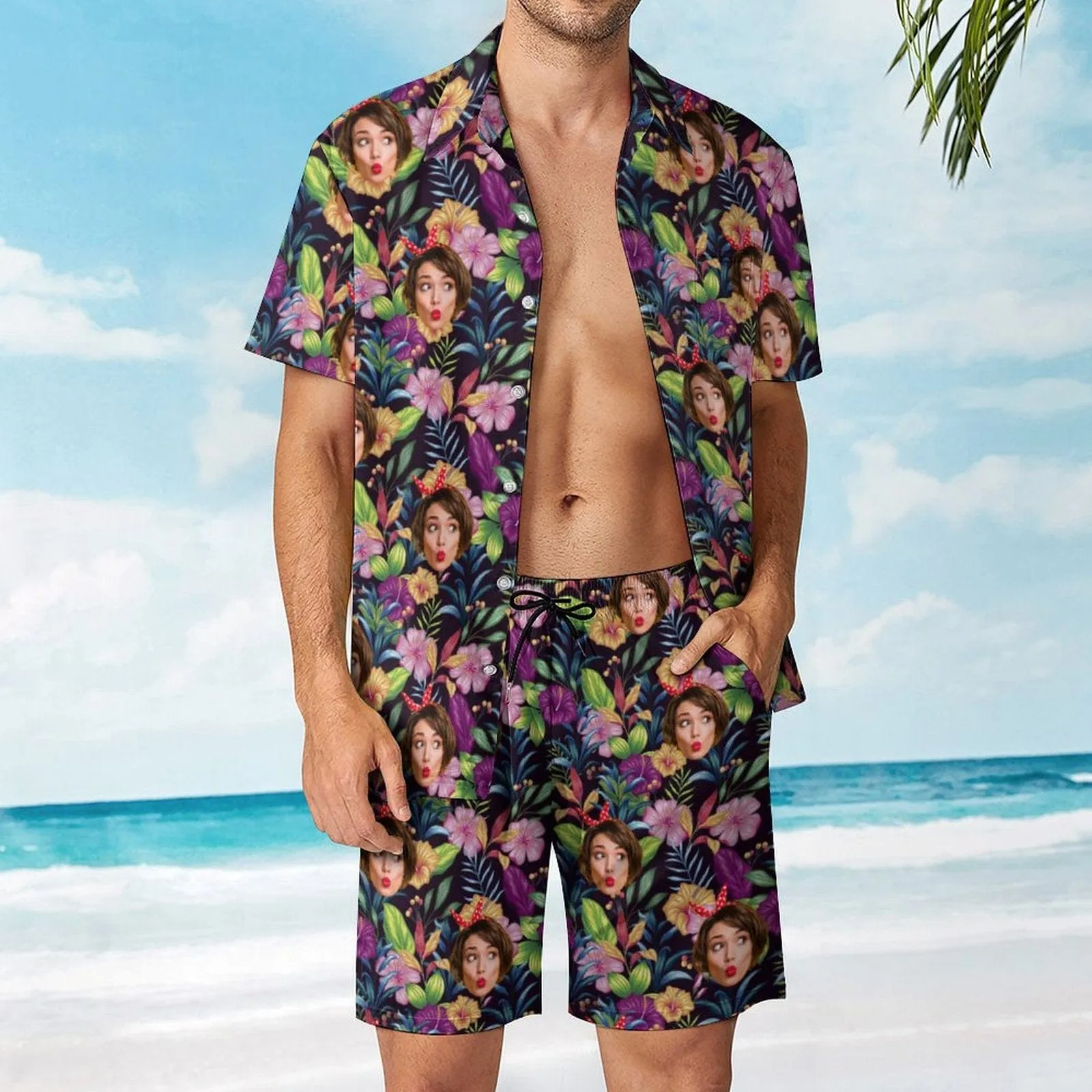 Custom Face on Hawaiian Set Tropical Leaves Style Beach Holiday Hawaiian Shirt & Summer Shorts Set