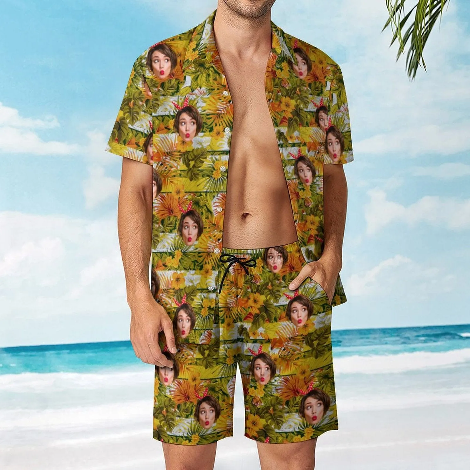 Custom Face on Hawaiian Set Tropical Leaves Style Beach Holiday Hawaiian Shirt & Summer Shorts Set