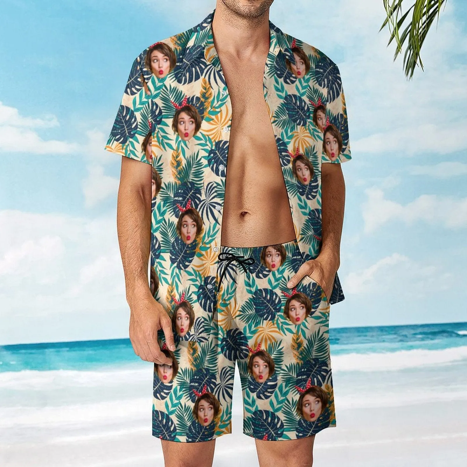 Custom Face on Hawaiian Set Tropical Leaves Style Beach Holiday Hawaiian Shirt & Summer Shorts Set