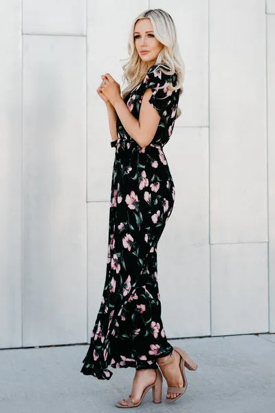 Faux Wrap Maxi Dress: Black Floral