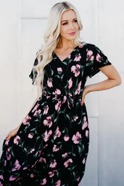 Faux Wrap Maxi Dress: Black Floral