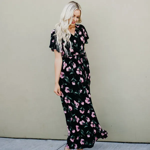 Faux Wrap Maxi Dress: Black Floral