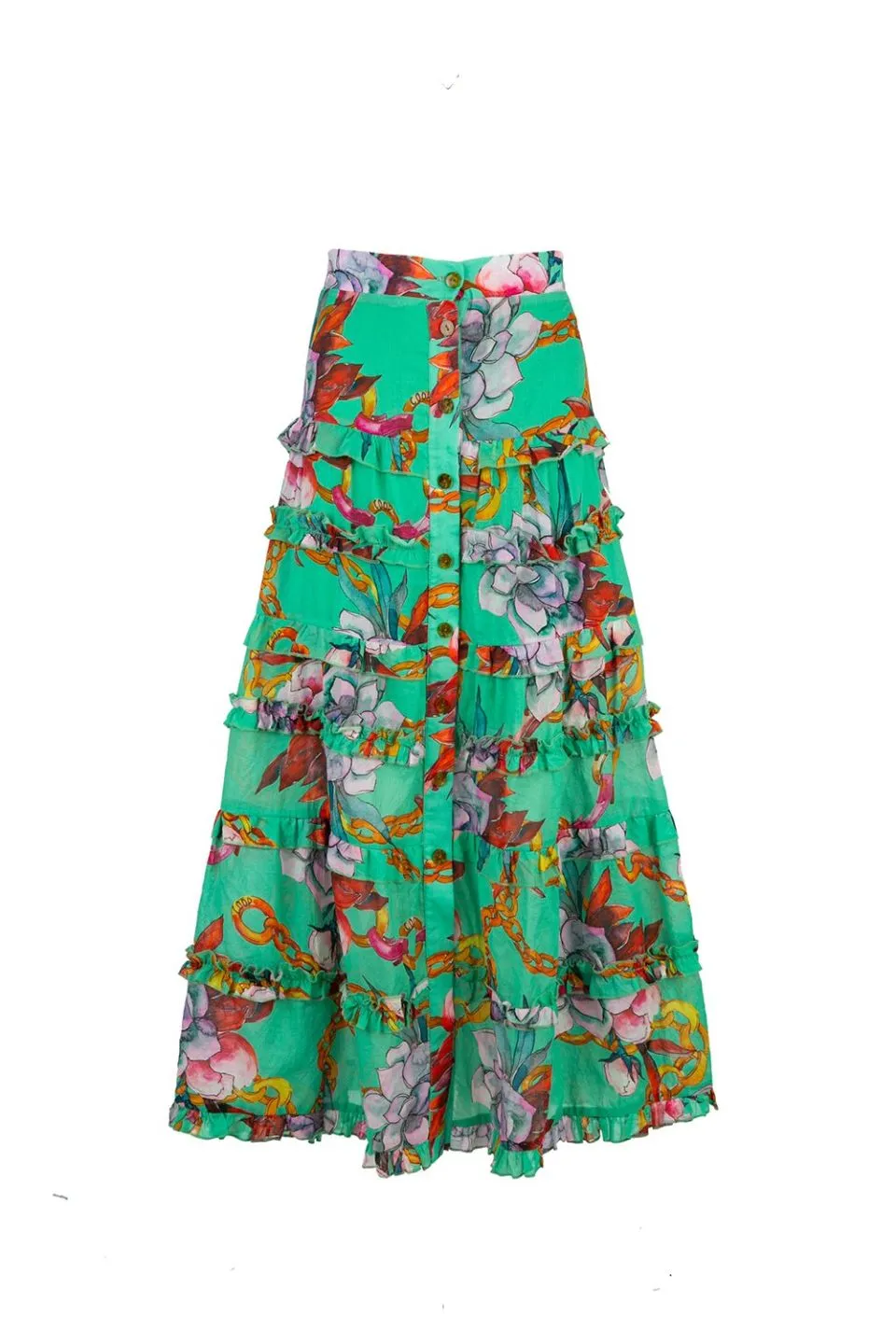 Fulfil The Frill Tiered Green Print Midi Skirt