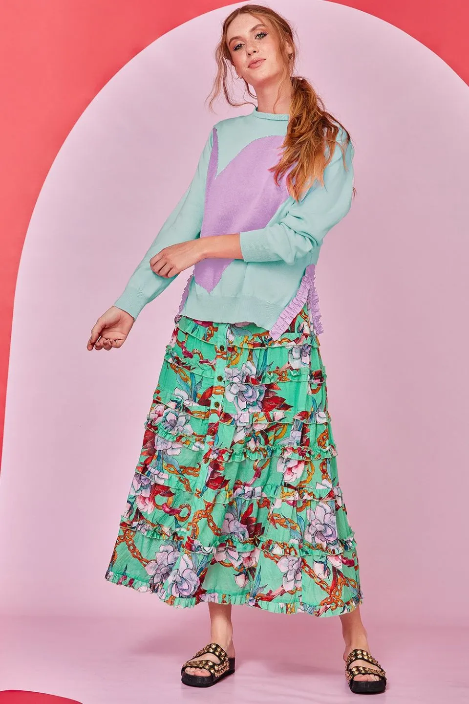 Fulfil The Frill Tiered Green Print Midi Skirt