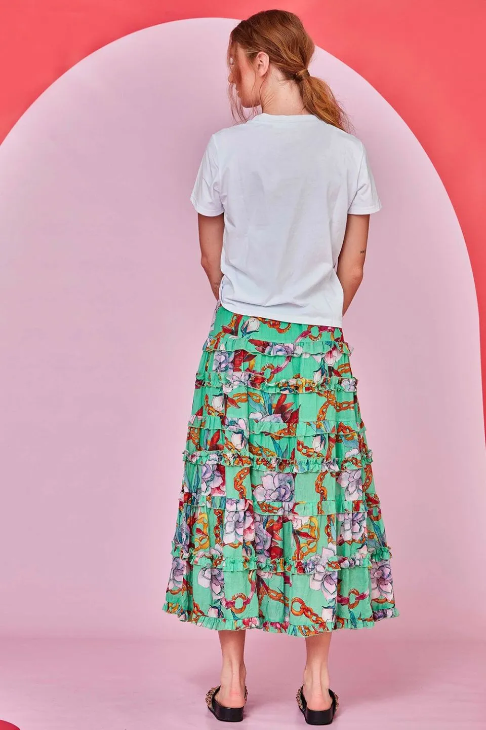 Fulfil The Frill Tiered Green Print Midi Skirt