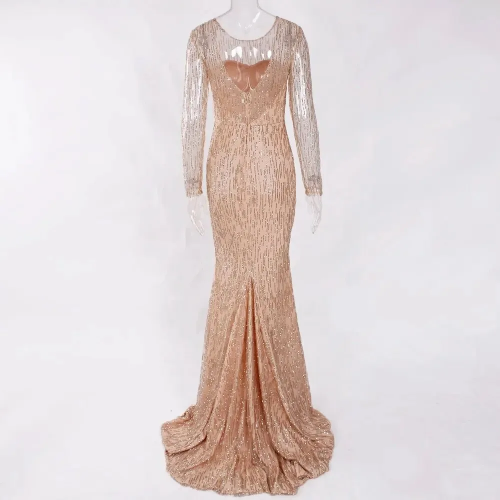 Gold Glittered Full Sleeved Floor Length Shiny Long Dress