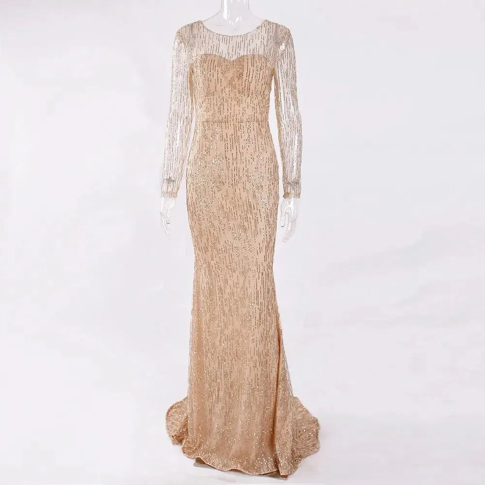 Gold Glittered Full Sleeved Floor Length Shiny Long Dress