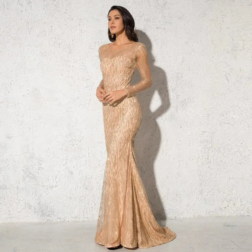 Gold Glittered Full Sleeved Floor Length Shiny Long Dress