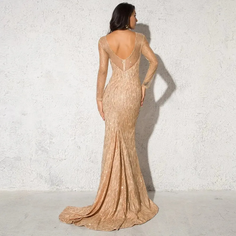 Gold Glittered Full Sleeved Floor Length Shiny Long Dress