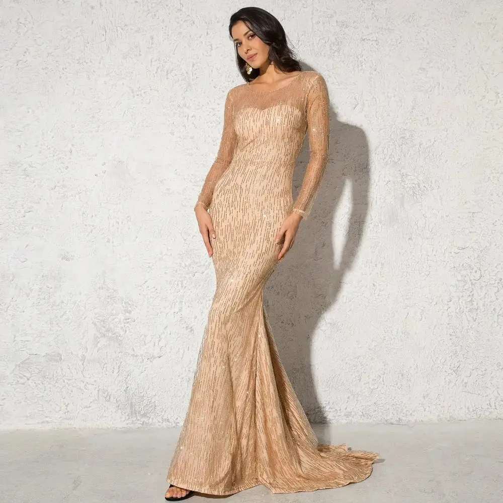 Gold Glittered Full Sleeved Floor Length Shiny Long Dress