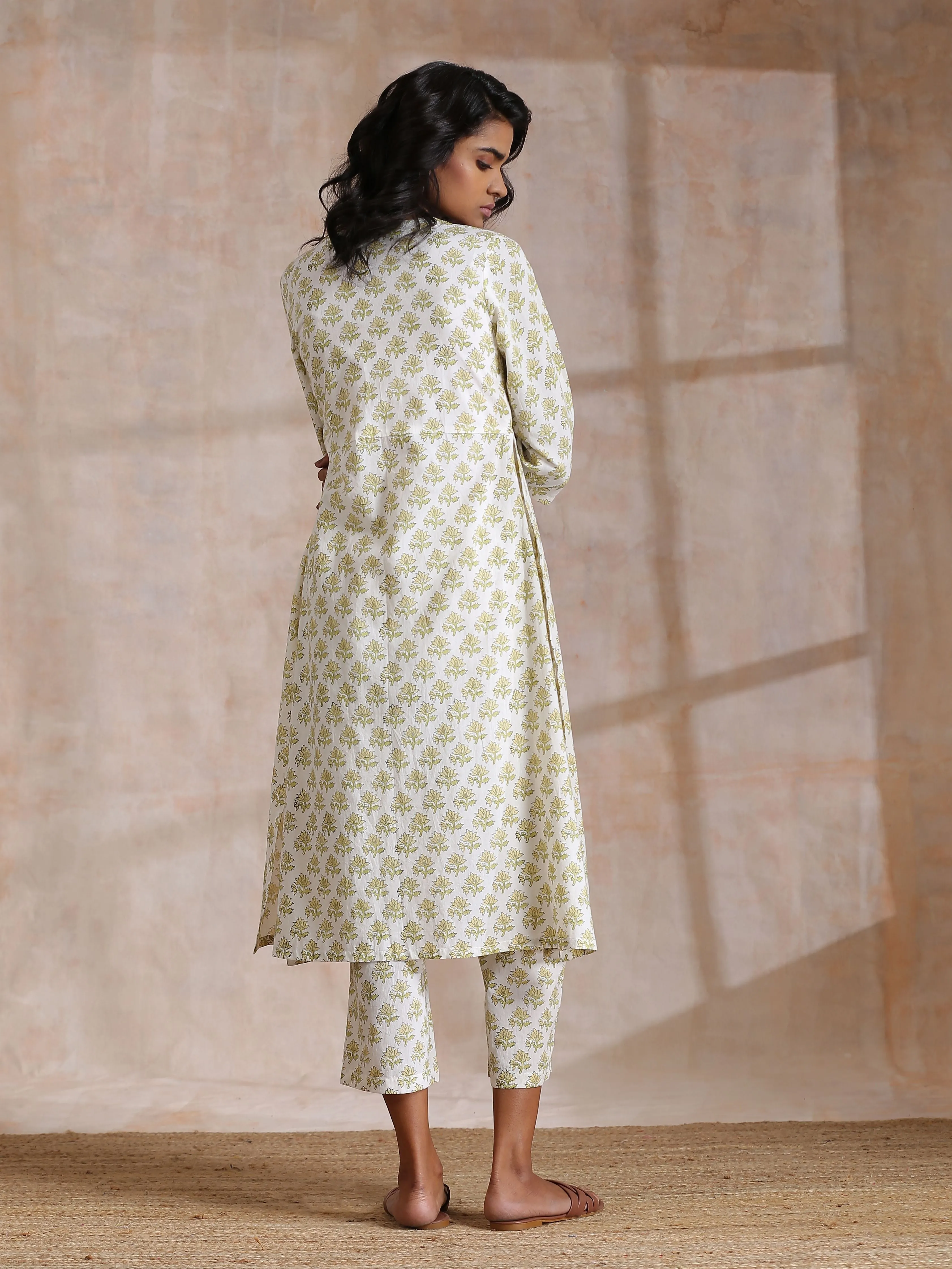 Green Buta On Off White Block Print Cotton Slit Gathered Kurta Set