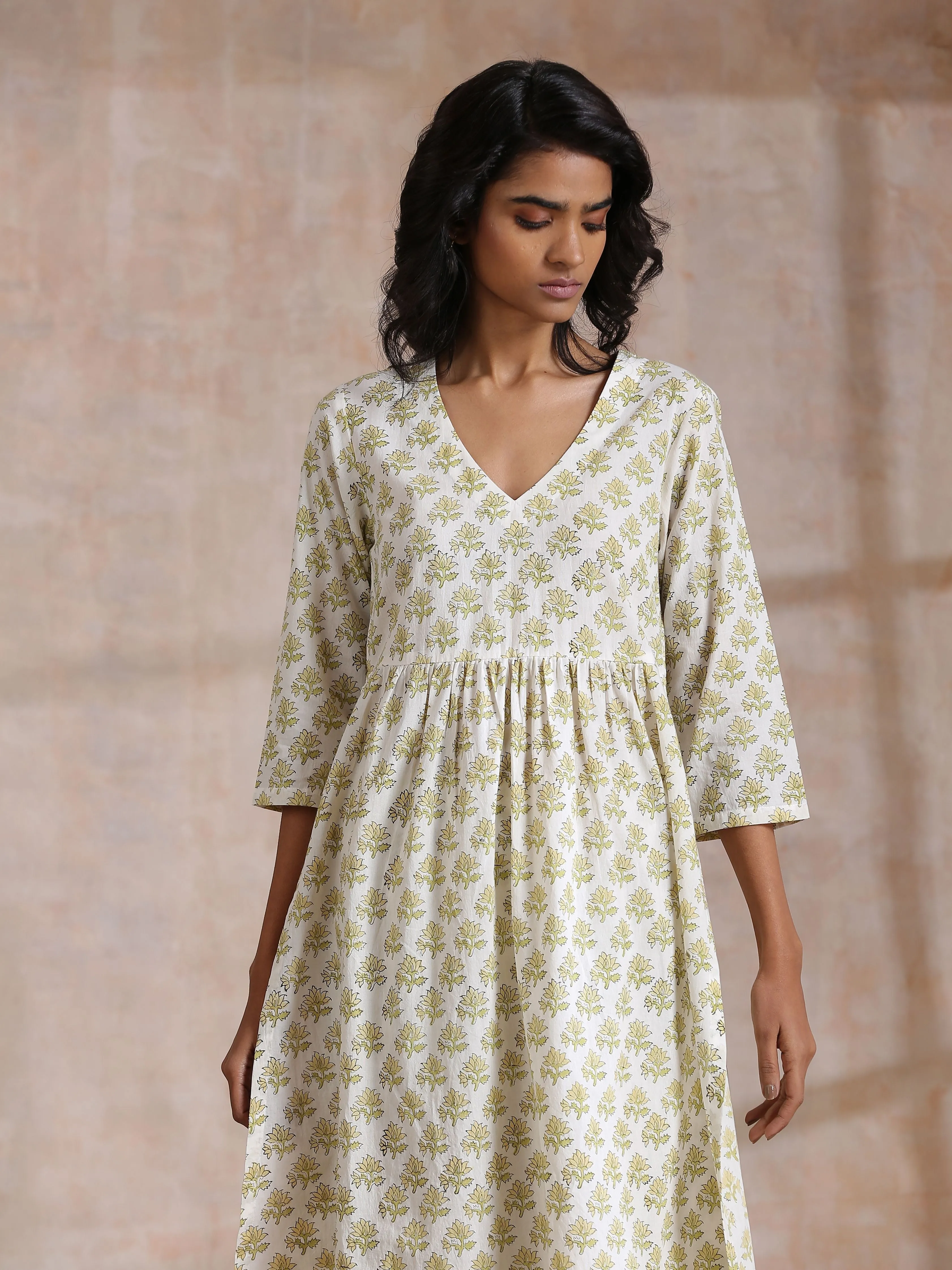 Green Buta On Off White Block Print Cotton Slit Gathered Kurta Set