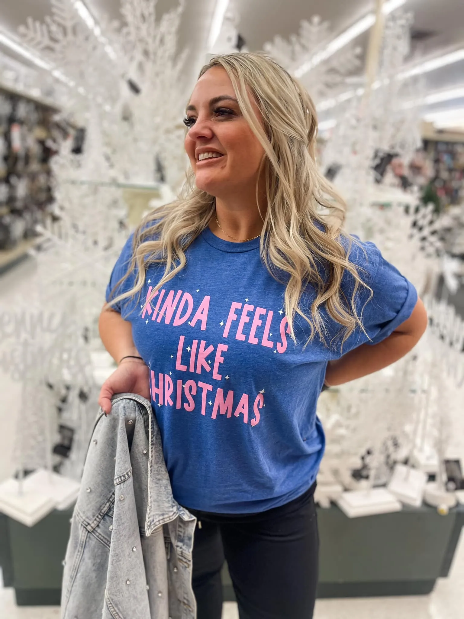 {KINDA FEELS LIKE CHRISTMAS} Pink   Heather Royal Blue Crew Neck Tee