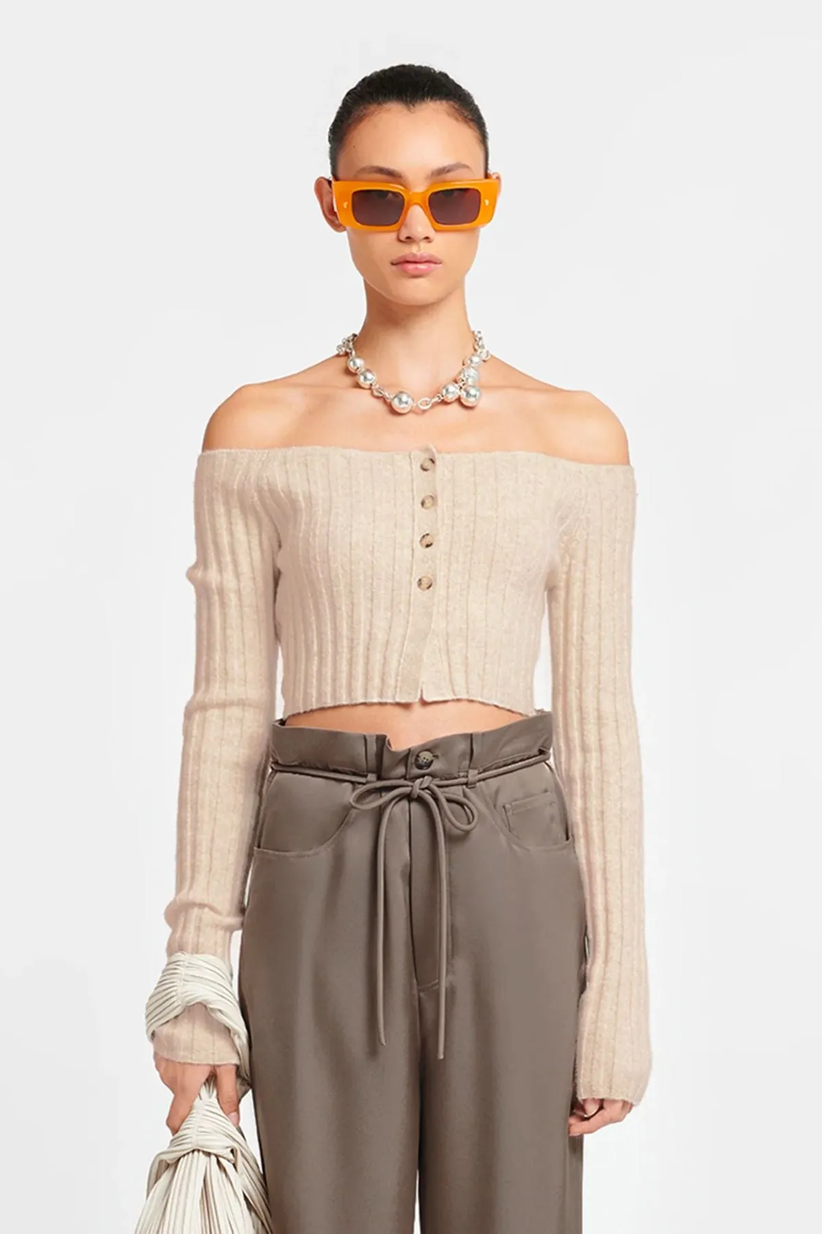 Nanushka Sidone Off Shoulder Jersey Cardigan - Creme