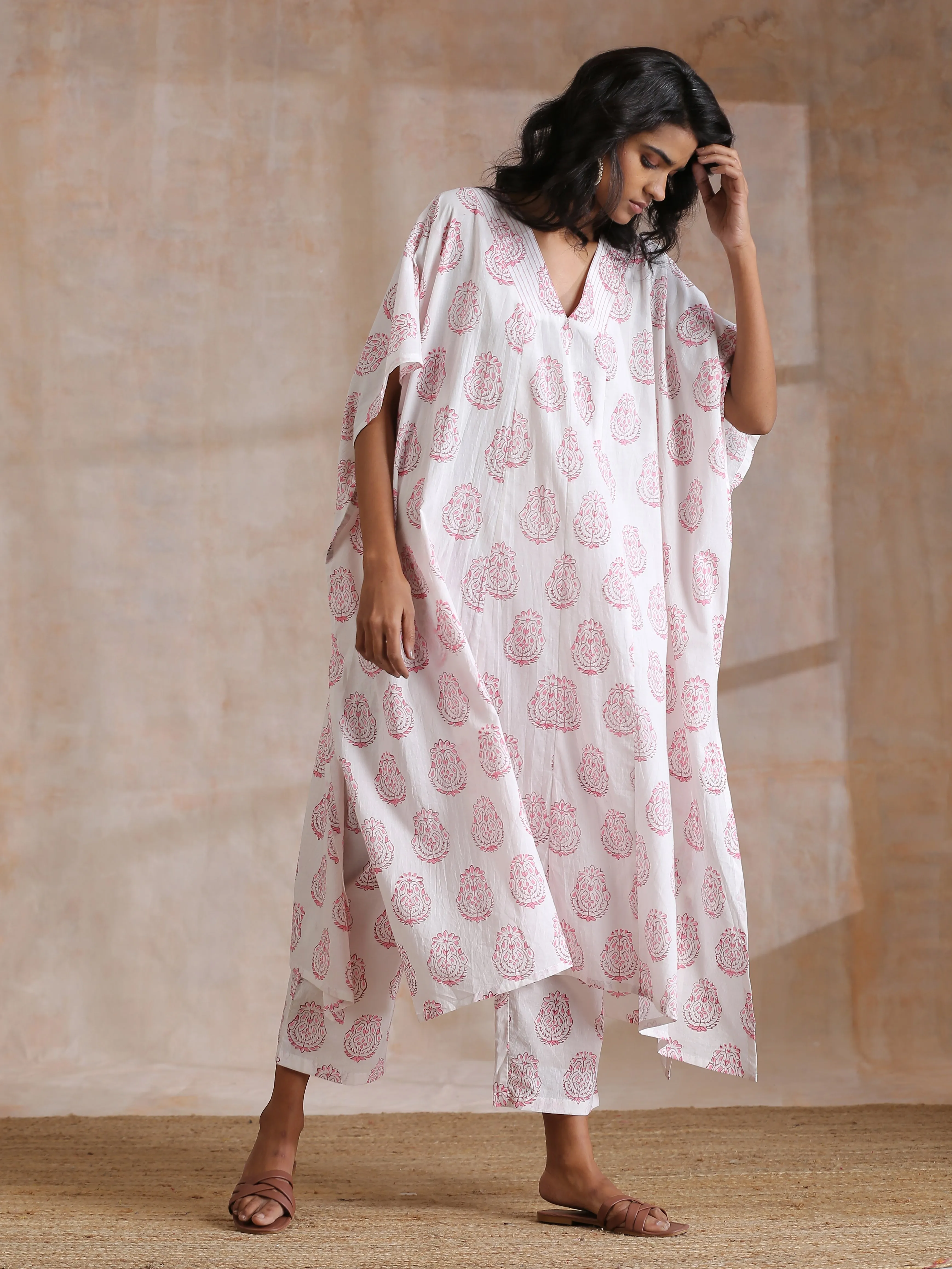 Pink Big Buta On White Print Cotton Panel Kaftan Kurta Pant Set