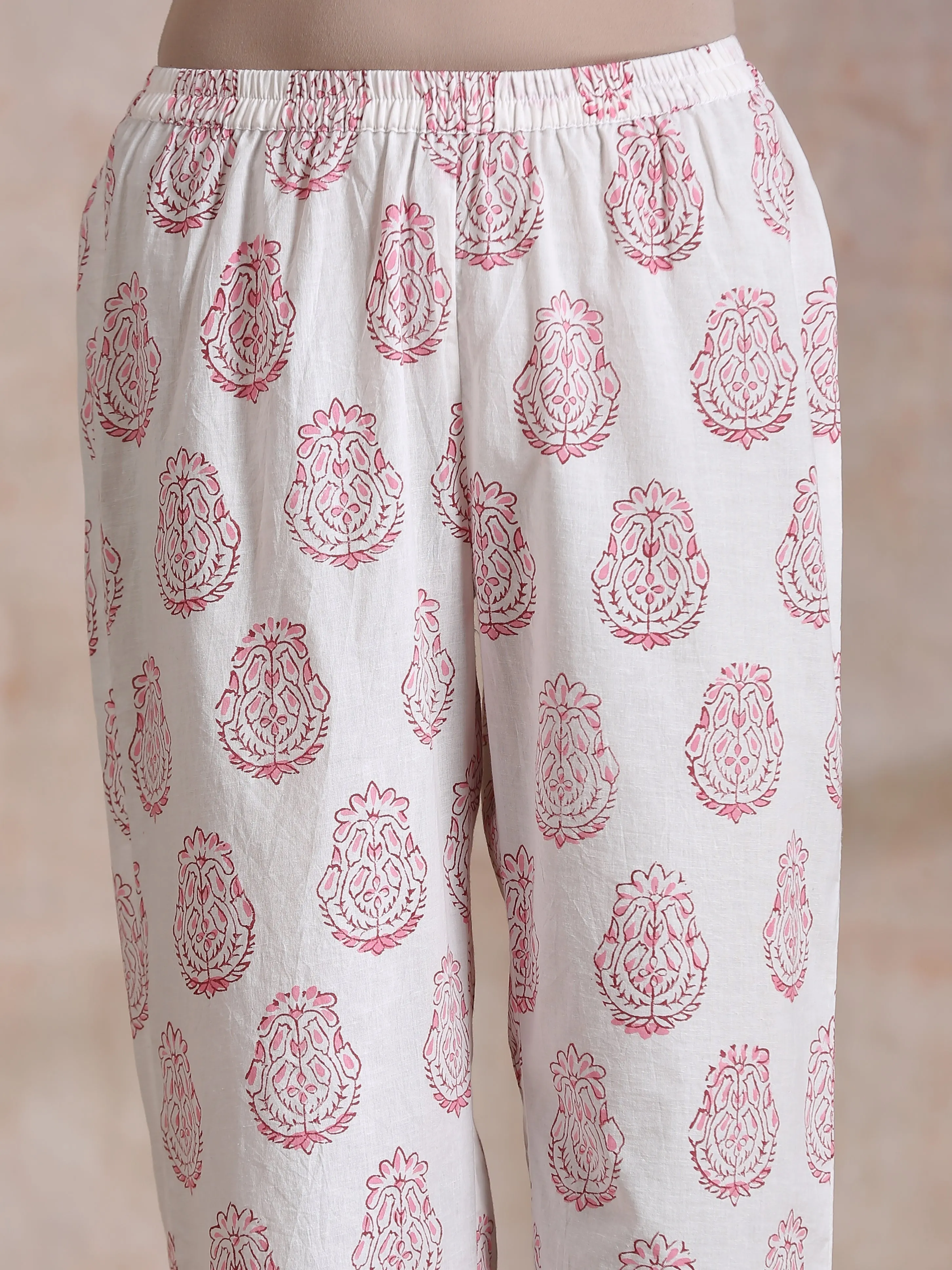 Pink Big Buta On White Print Cotton Panel Kaftan Kurta Pant Set