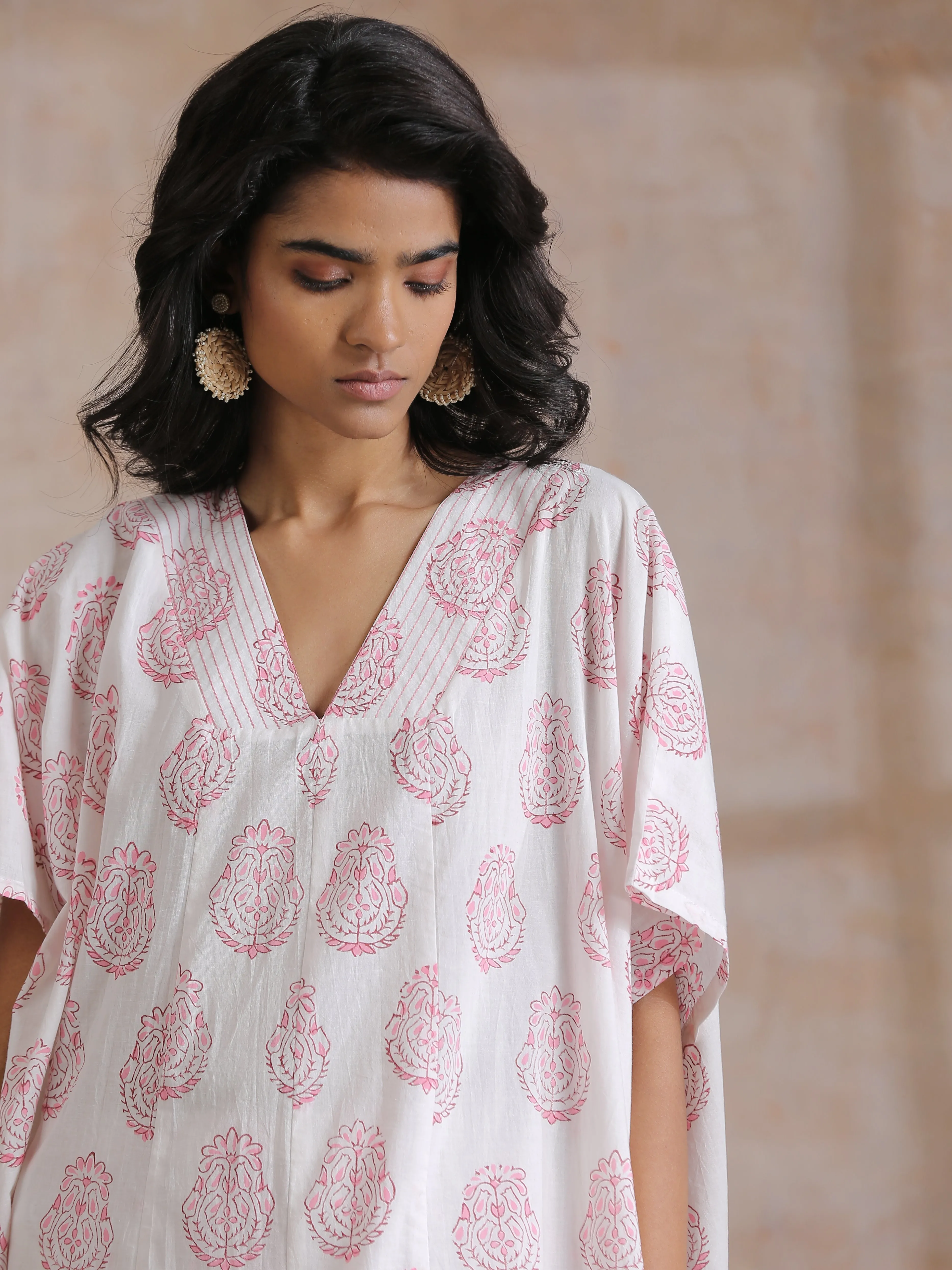 Pink Big Buta On White Print Cotton Panel Kaftan Kurta Pant Set