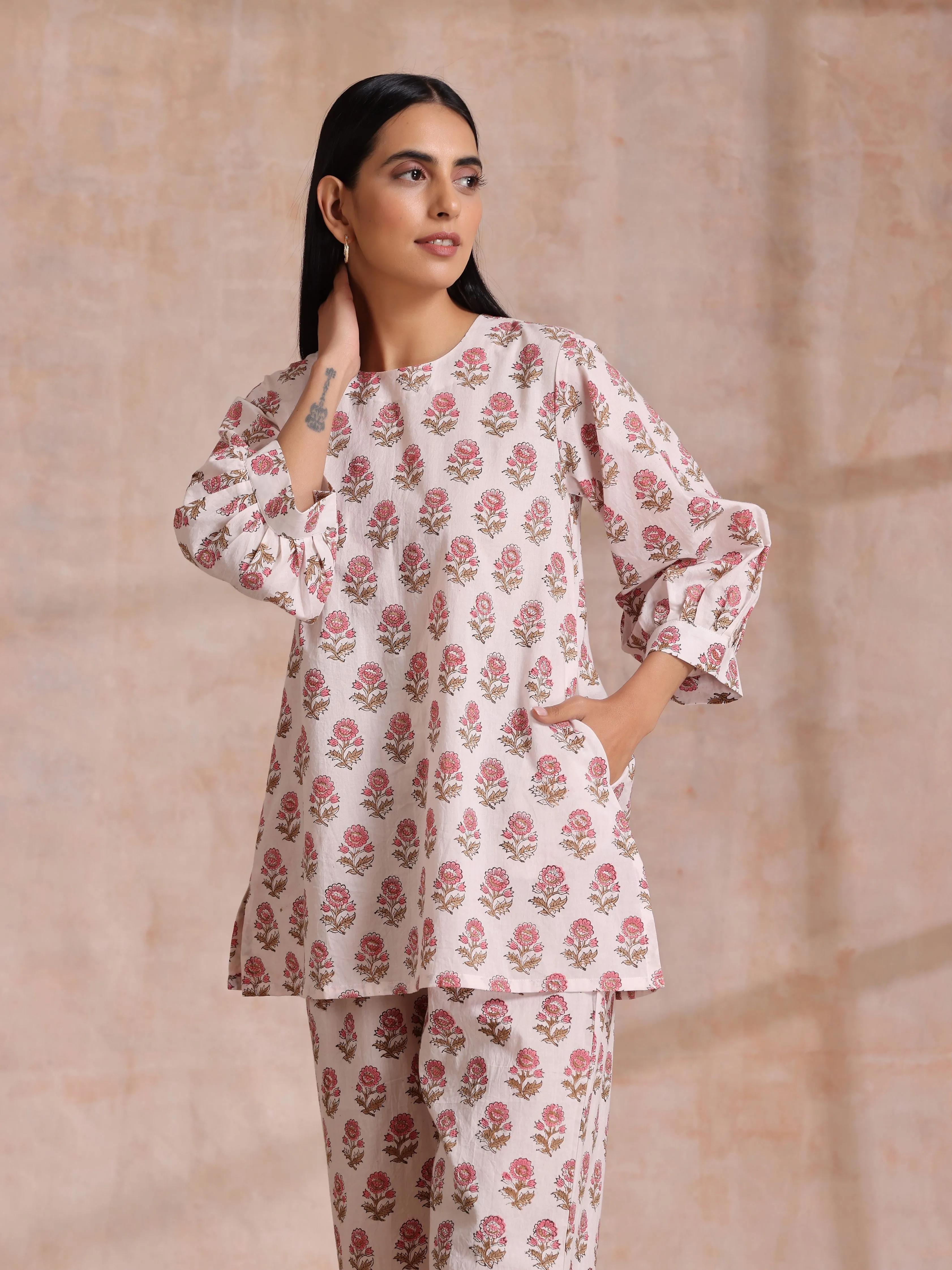 Pink Brown Buta On White Block Print Cotton Baggy Sleeve Co-Ord Set