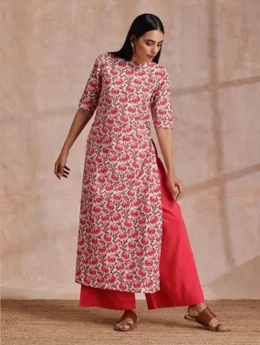 Pink Brown Overall Floral On White Block Print Cotton Slit Kurta Pant Set