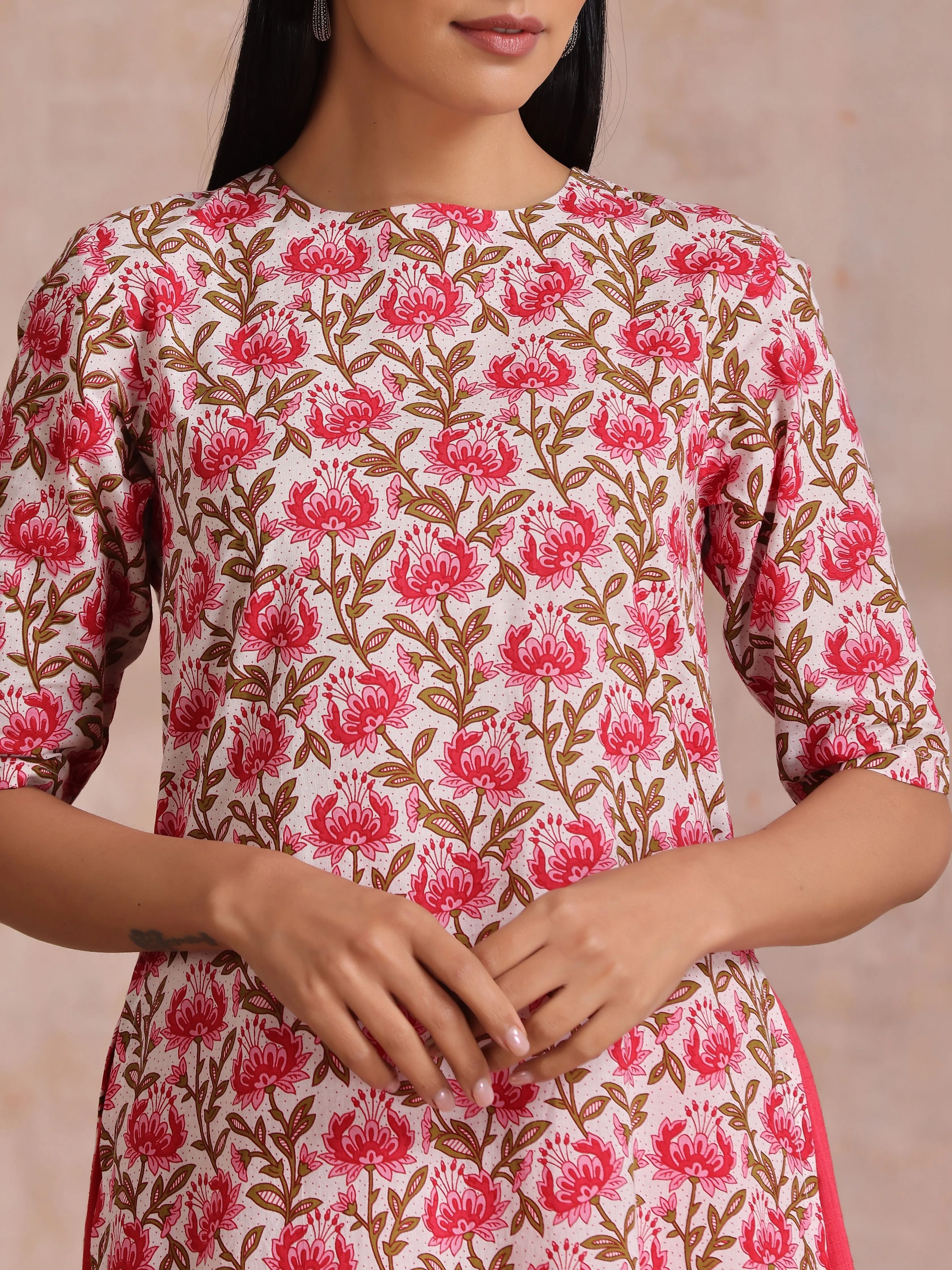 Pink Brown Overall Floral On White Block Print Cotton Slit Kurta Pant Set