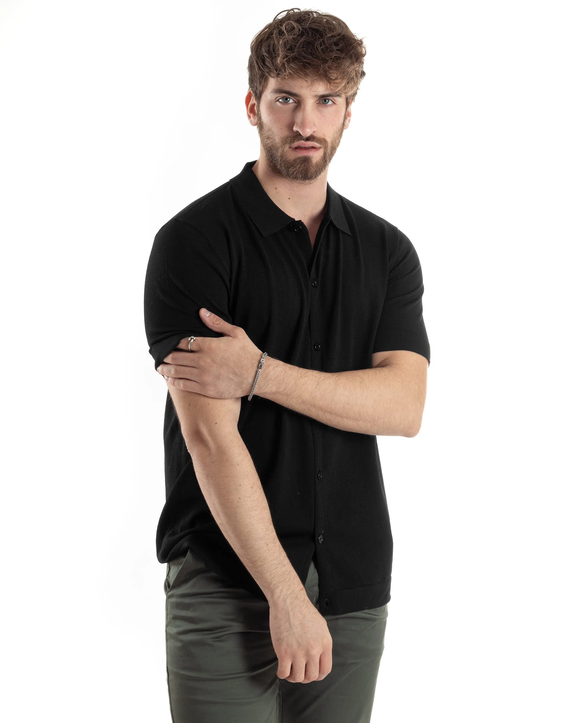 Polo Filo Uomo Cardigan Bottoni T-Shirt Con Colletto Nero Casual GIOSAL-TS3020A