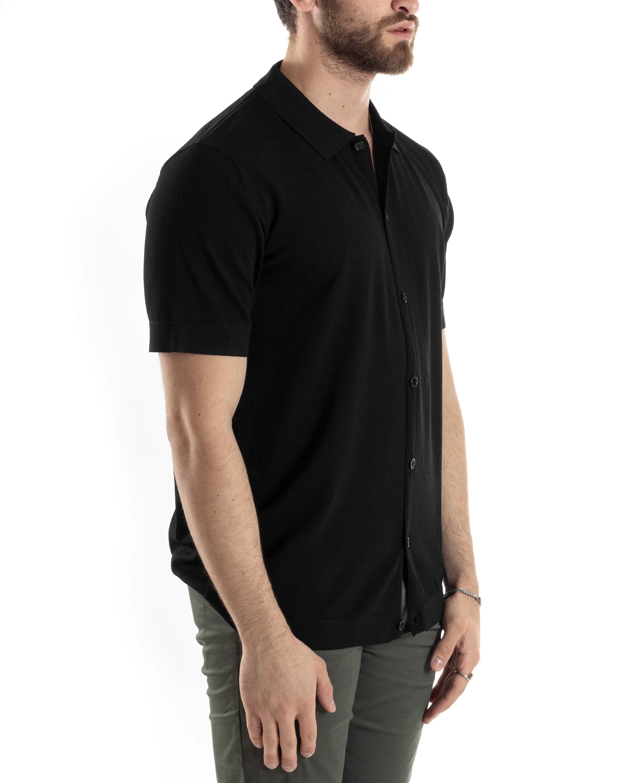 Polo Filo Uomo Cardigan Bottoni T-Shirt Con Colletto Nero Casual GIOSAL-TS3020A