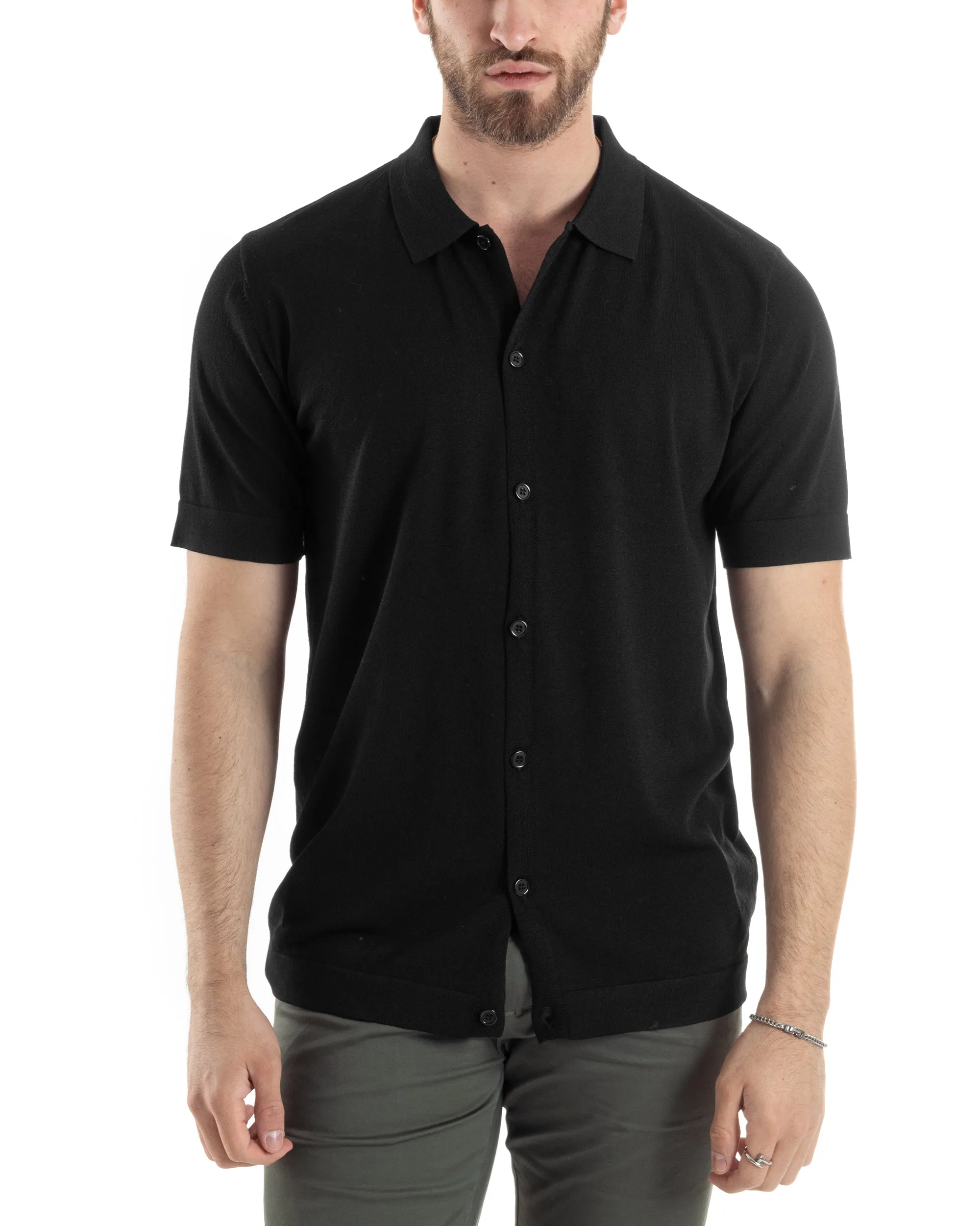 Polo Filo Uomo Cardigan Bottoni T-Shirt Con Colletto Nero Casual GIOSAL-TS3020A