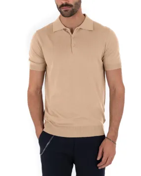 Polo Filo Uomo T-Shirt Manica Corta Con Colletto Bottoni Tinta Unita Beige Casual GIOSAL-TS2791A