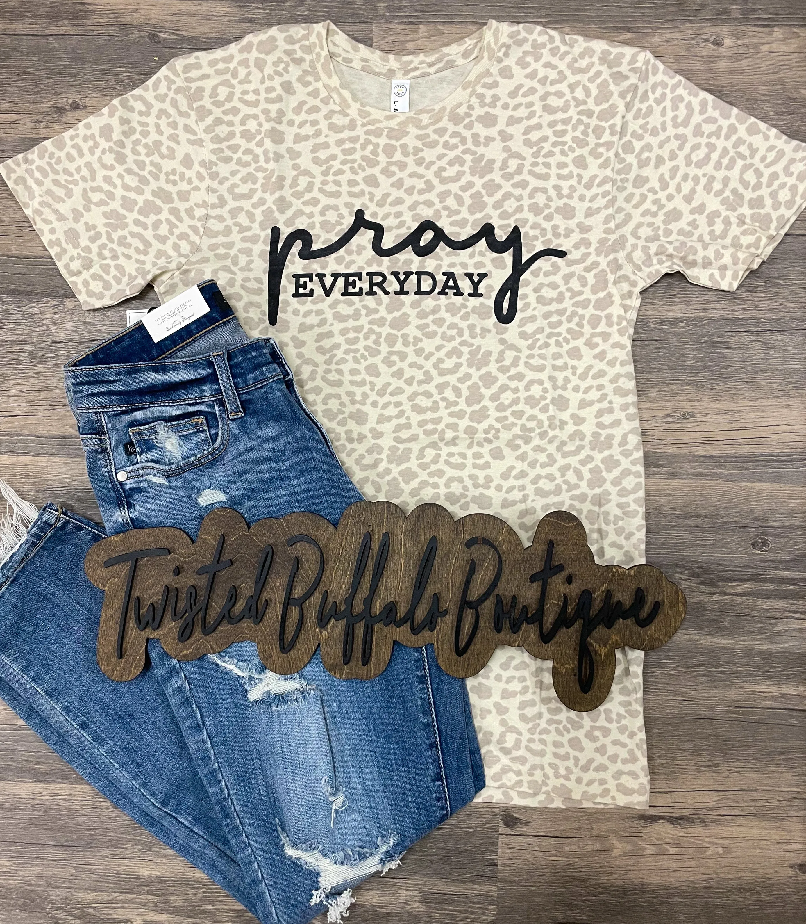 {PRAY EVERYDAY} Natural Leopard Crew Neck Tee