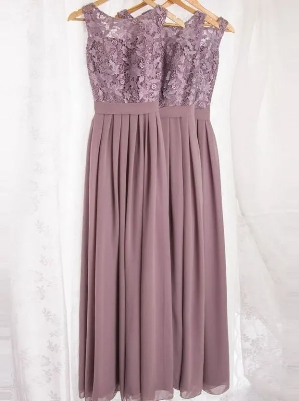 Round Neck Floor Length Purple Chiffon Bridesmaid Dress