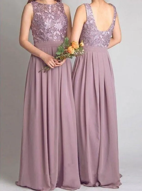 Round Neck Floor Length Purple Chiffon Bridesmaid Dress