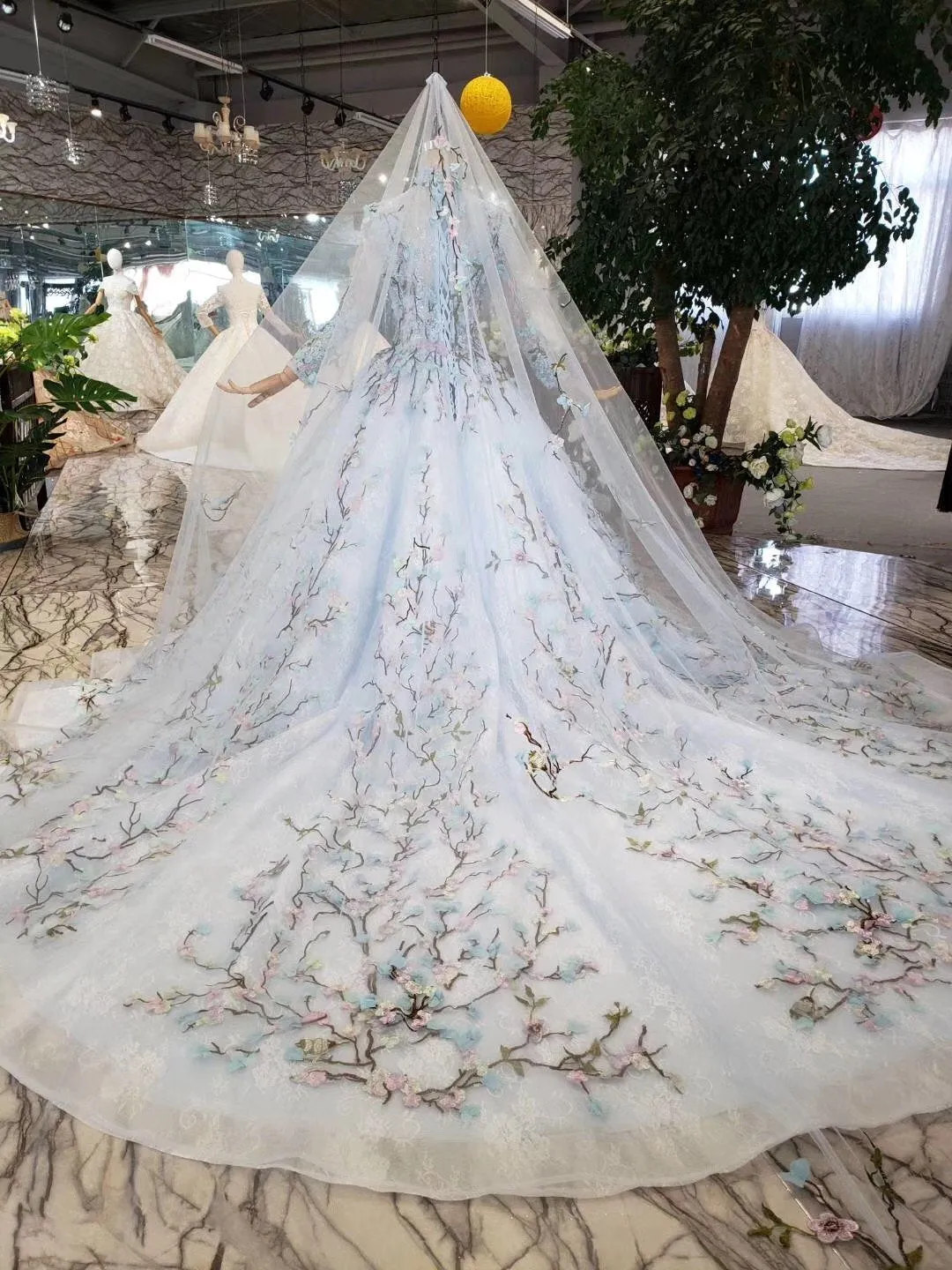 Stunning Light Blue Long Sleeve Wedding Dresses High Neck Quinceanera Dresses