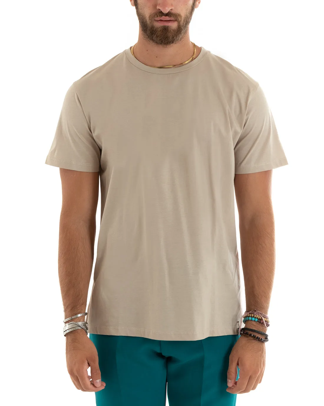 T-shirt Uomo Filo Di Scozia Basic Leggera Tinta Unita Beige Girocollo Casual GIOSAL-TS2978A