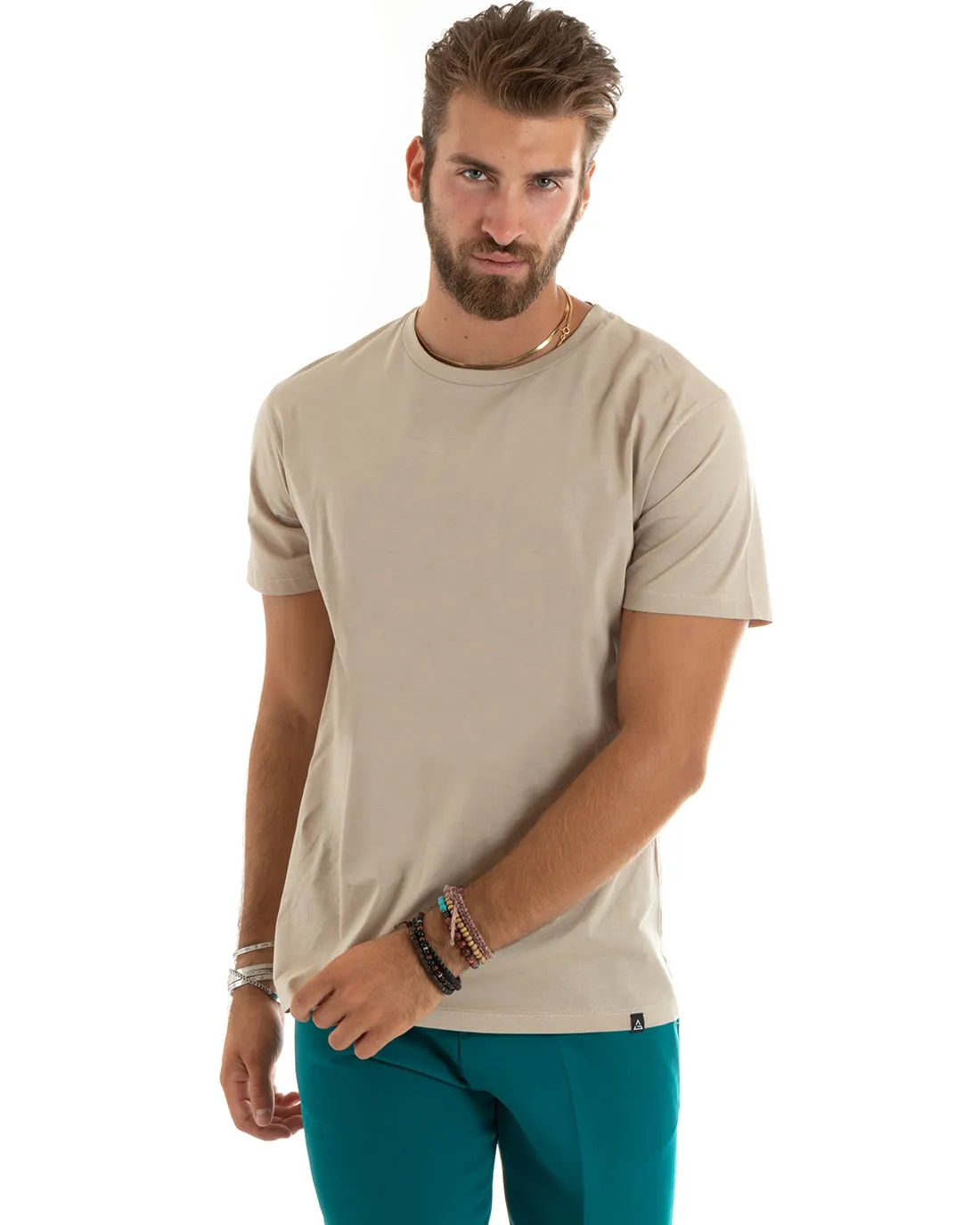 T-shirt Uomo Filo Di Scozia Basic Leggera Tinta Unita Beige Girocollo Casual GIOSAL-TS2978A