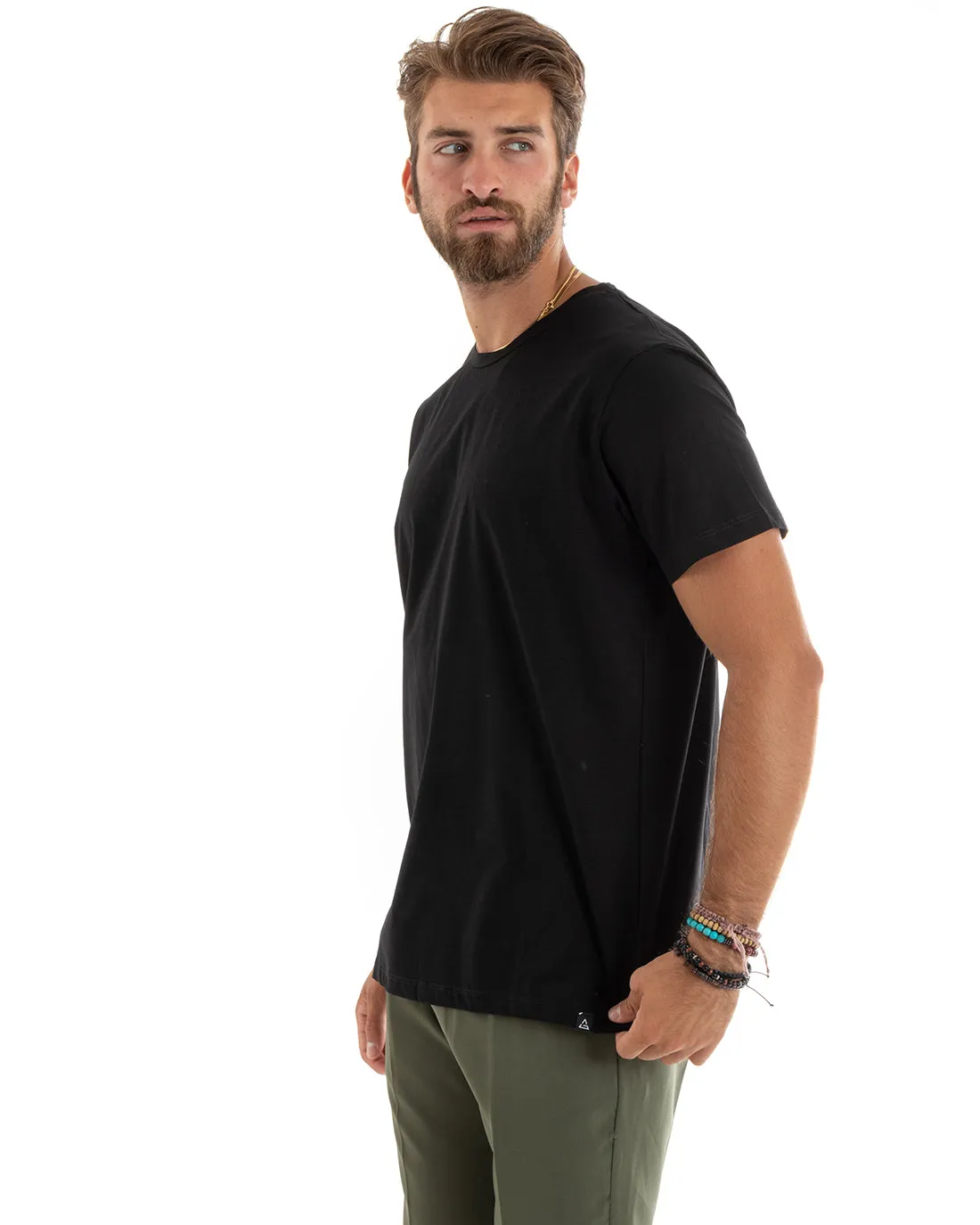 T-shirt Uomo Filo Di Scozia Basic Leggera Tinta Unita Nero Girocollo Casual GIOSAL-TS2979A