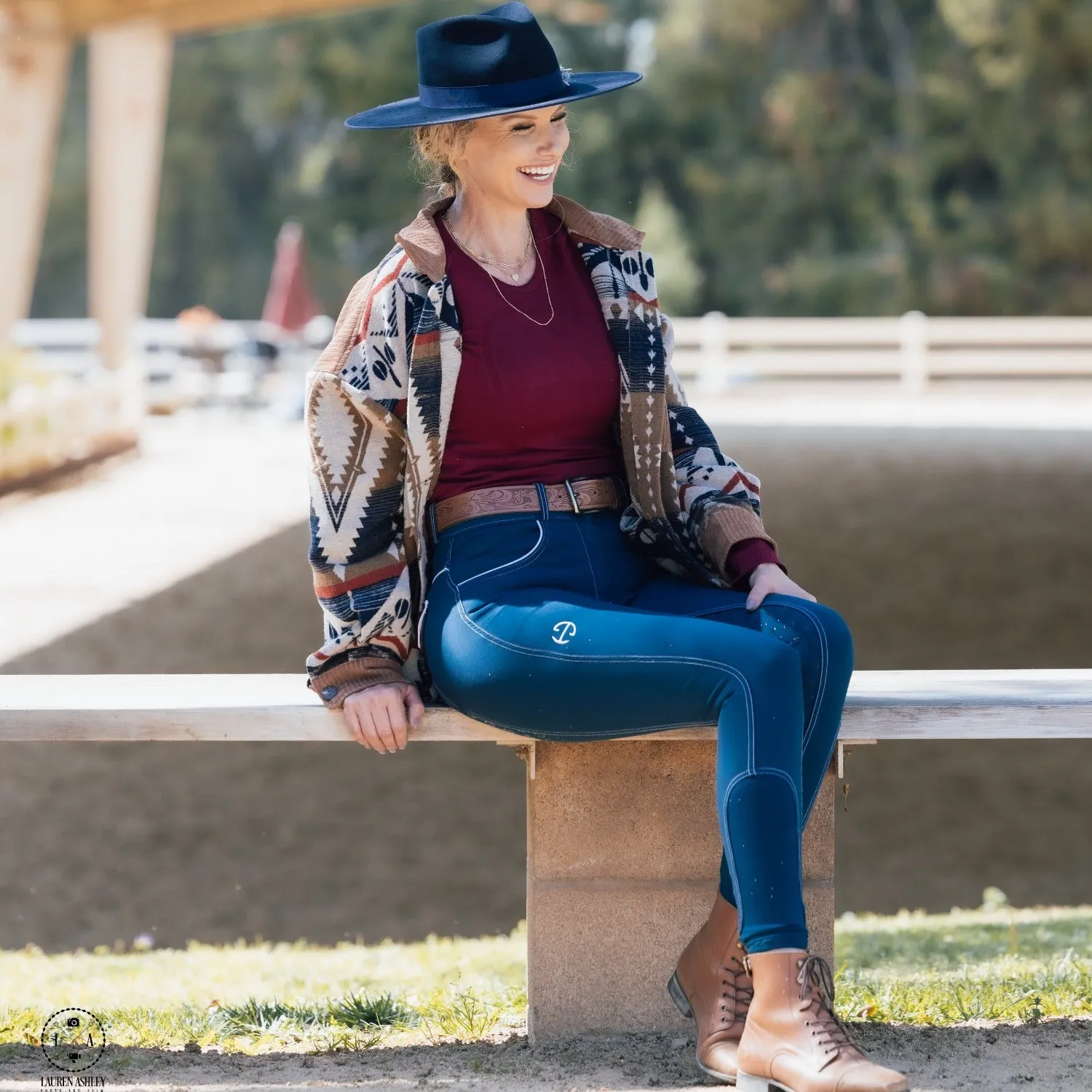 Tillie - Cadet Blue with White Piping Mid Waist Full Seat Breeches