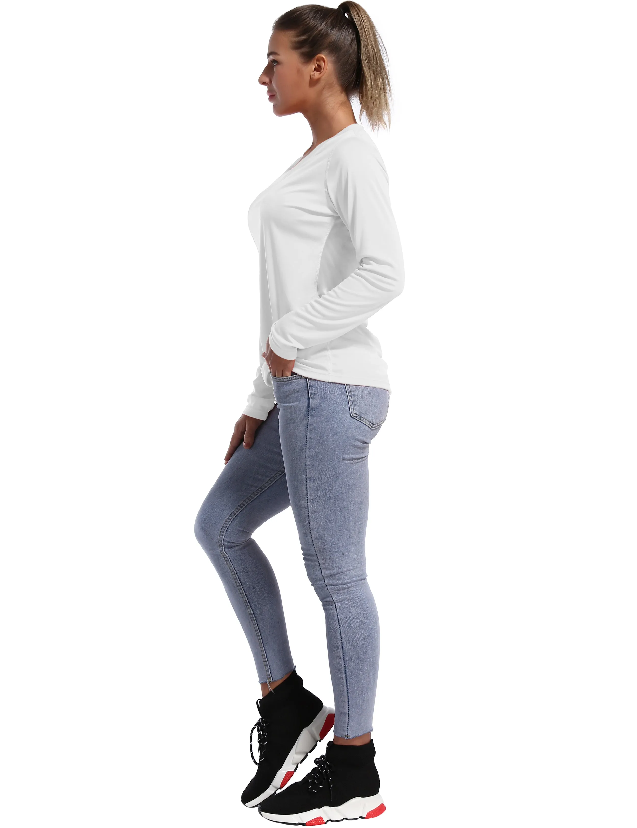 V Neck Long Sleeve Athletic Shirts white_yogastudio