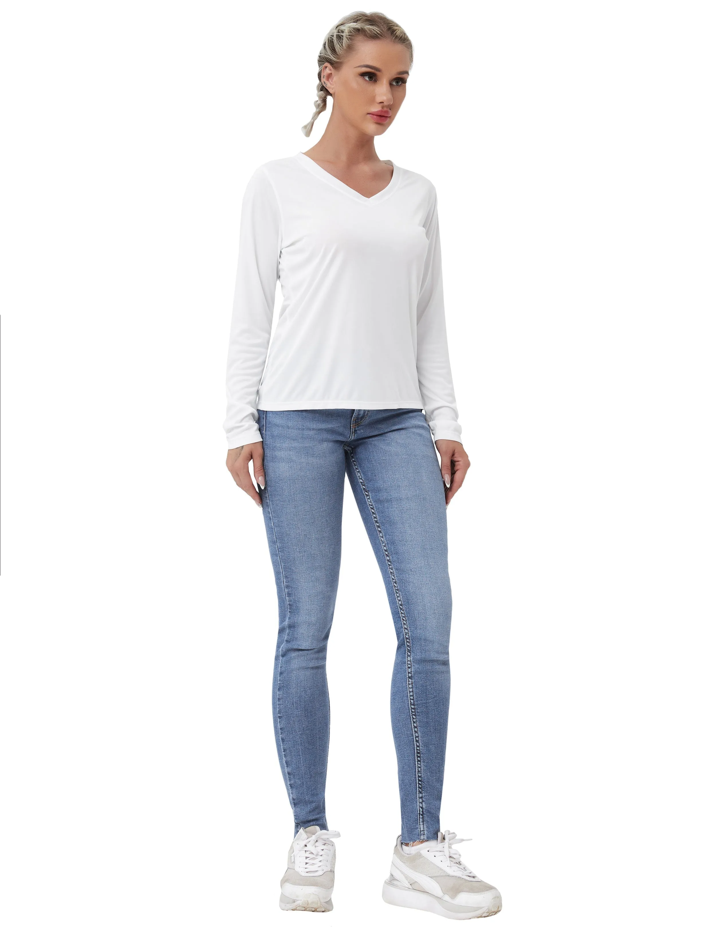 V Neck Long Sleeve Athletic Shirts white_yogastudio