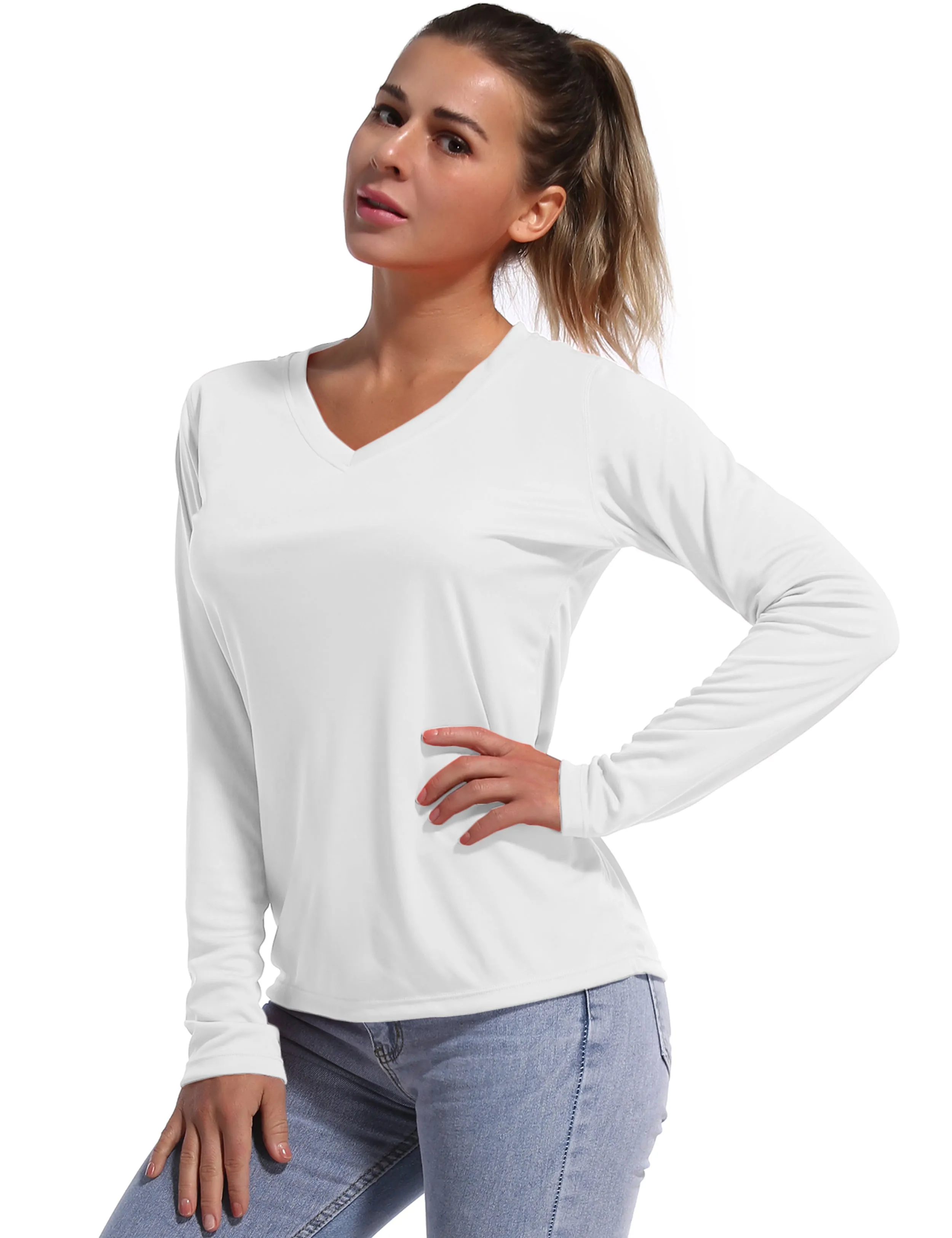 V Neck Long Sleeve Athletic Shirts white_yogastudio