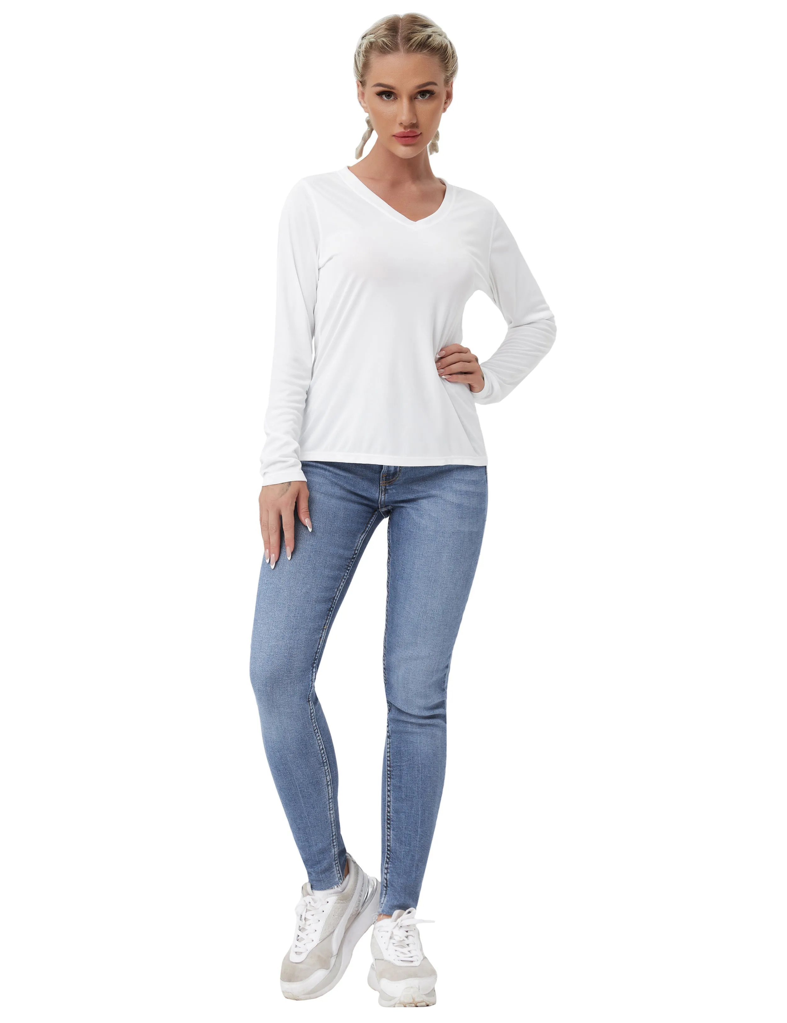 V Neck Long Sleeve Athletic Shirts white_yogastudio