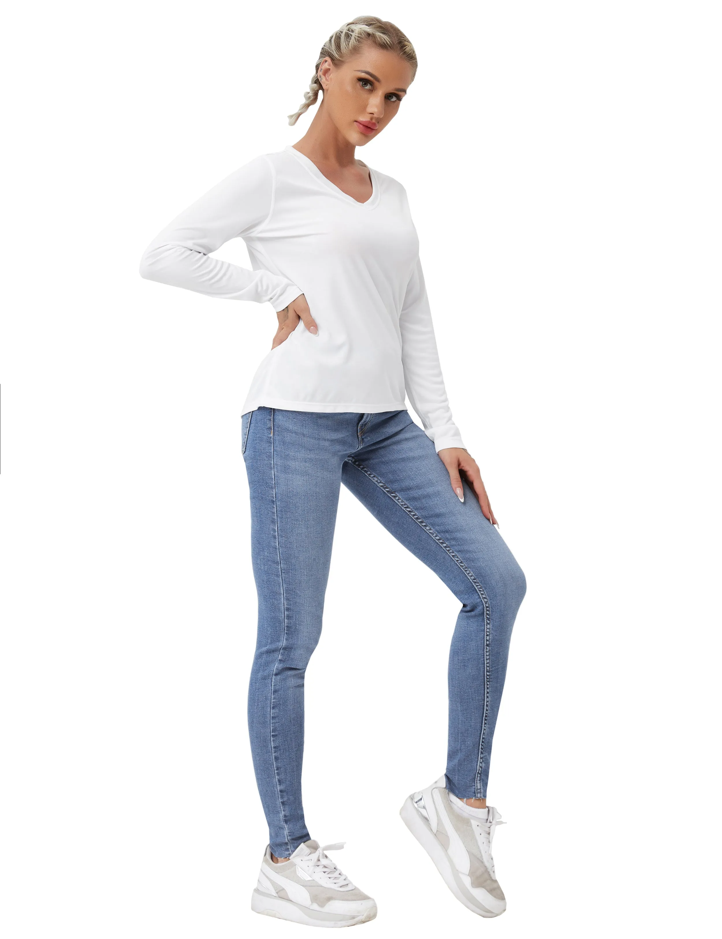 V Neck Long Sleeve Athletic Shirts white_yogastudio