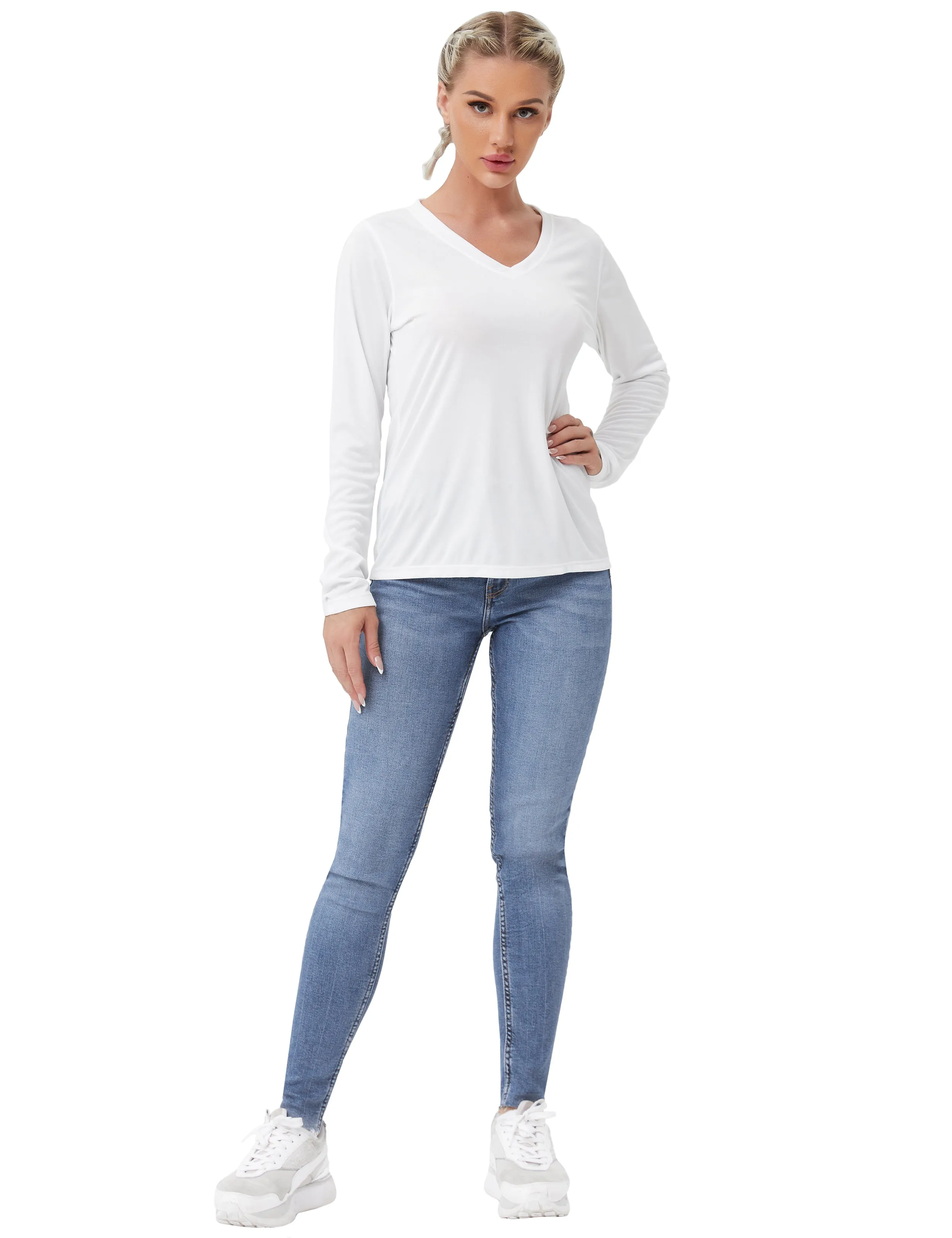 V Neck Long Sleeve Athletic Shirts white_yogastudio