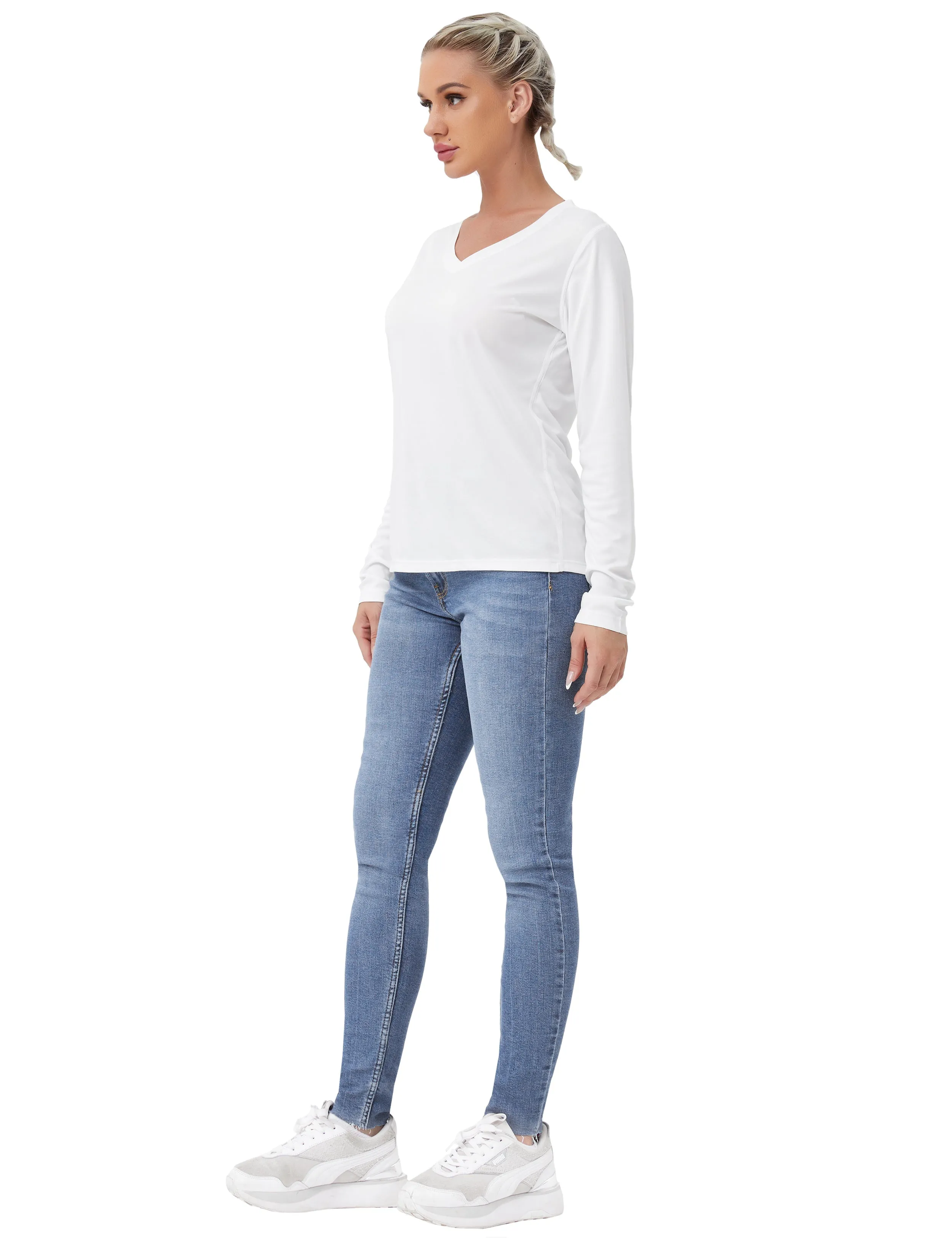 V Neck Long Sleeve Athletic Shirts white_yogastudio