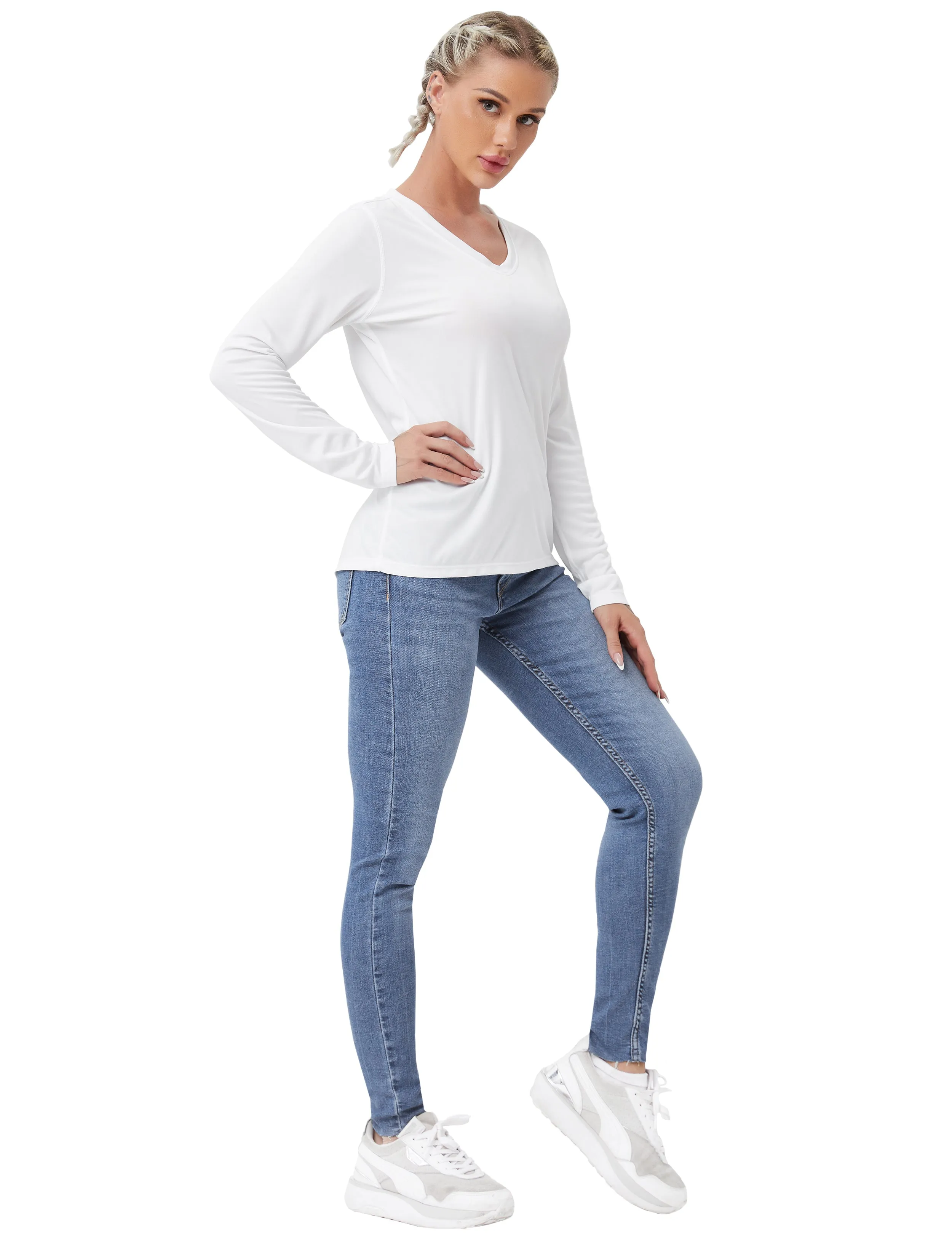 V Neck Long Sleeve Athletic Shirts white_yogastudio